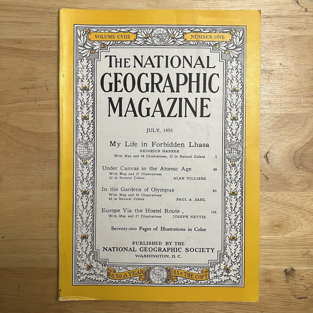 Vintage National Geographic July 1955 Lhasa Tibet Atomic Age Olympus Coke Ad